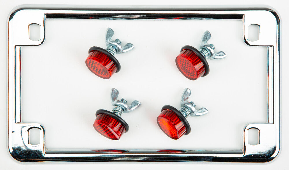 LICENSE PLATE FRAME W/4 RED REFLECTORS CHROME