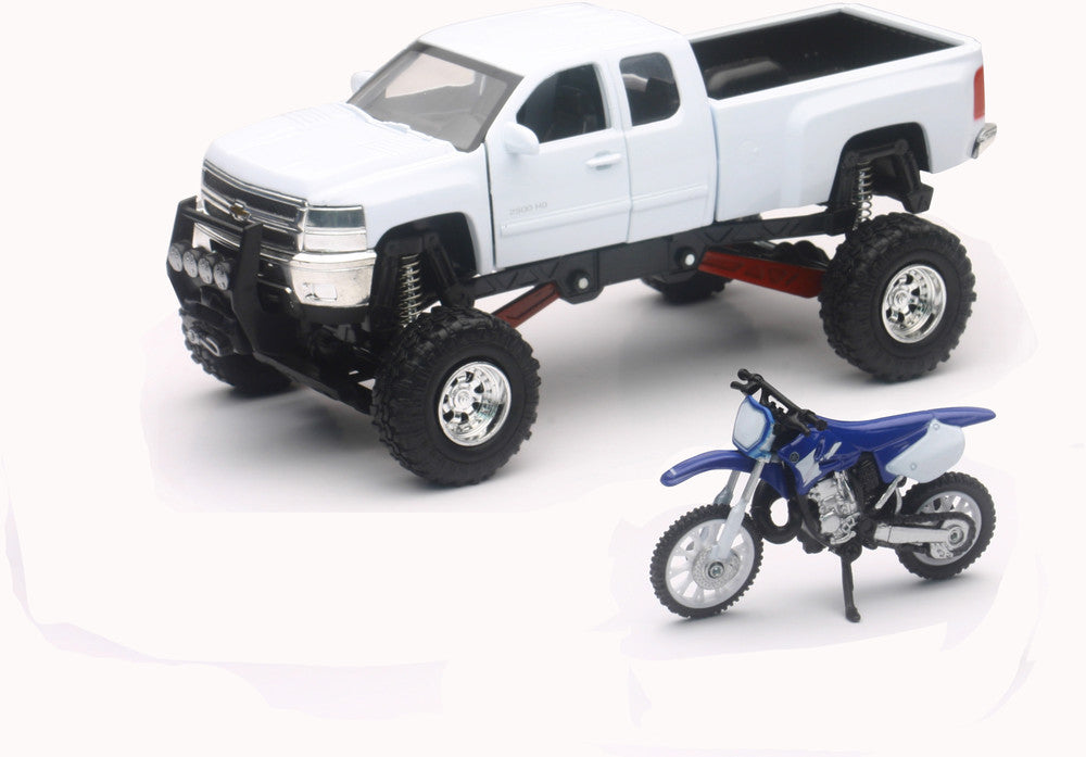 NEW-RAY REPLICA 1:43 TRUCK/RACE BIKE CHEVY WHITE/YAMAHA BIKE BLUE