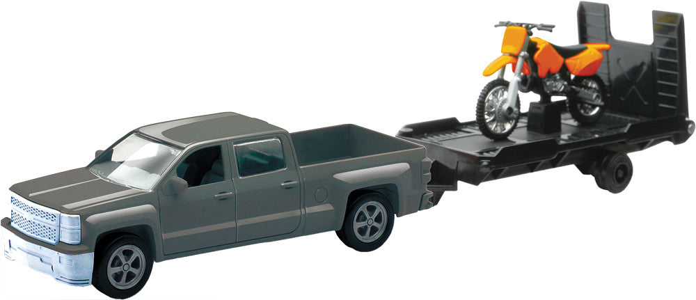 NEW-RAY REPLICA 1:43 TRK/TRAILER/BIKE CHEVY SILVER/BIKE ORANGE