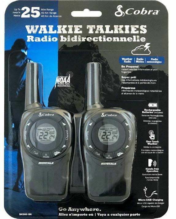 Cobra Two-Way Walkie Talkies SH360BK 25 Mile Range Built-in Weather Radio New