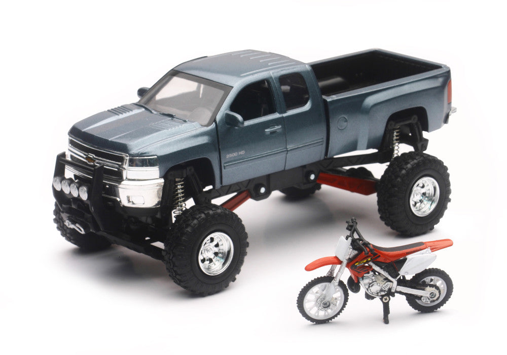 NEW-RAY REPLICA 1:43 TRUCK/RACE BIKE CHEVY GREY/HONDA BIKE RED
